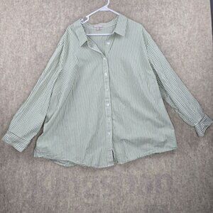 Woman Within Womens Button Down Shirt Green & White Striped Size 3X 100% Cotton